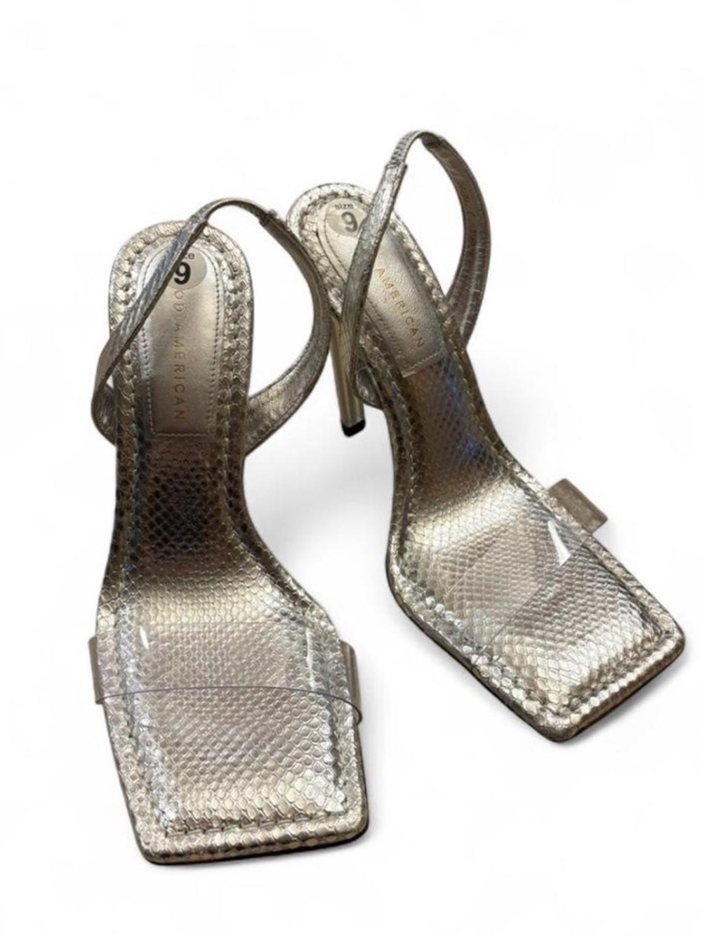 Good American Silver Textured Slingback Heels